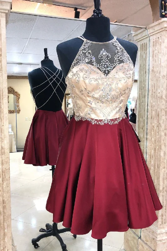 Savings Event Criss Cross Beading Burgundy Homecoming Dress