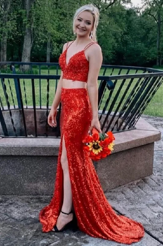 The Best Prices Spaghetti  Straps Two Piece Red Sequins Prom Dress with Slit