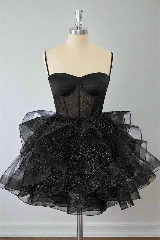Super Deal Black Straps A-Line Ruffle Homecoming Dress