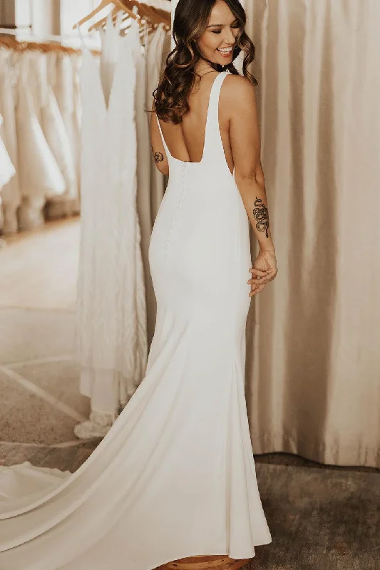 Deep Discounts Long Square Neck Mermaid White Bridal Dress
