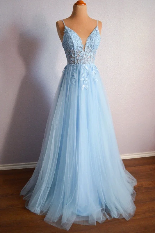 Massive Deals Light Blue V Neck Lace-Up Appliques Tulle Long Prom Dress