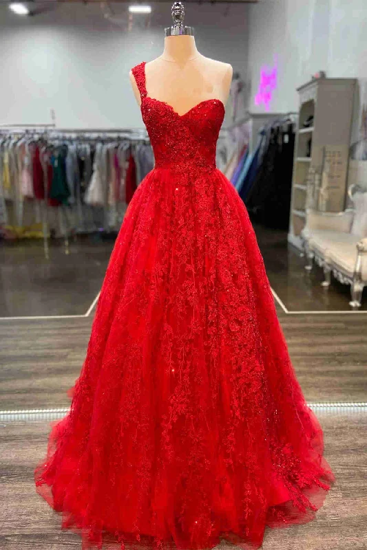 Price Reduction Elegant One Shulder Red Appliques Long Formal Dress