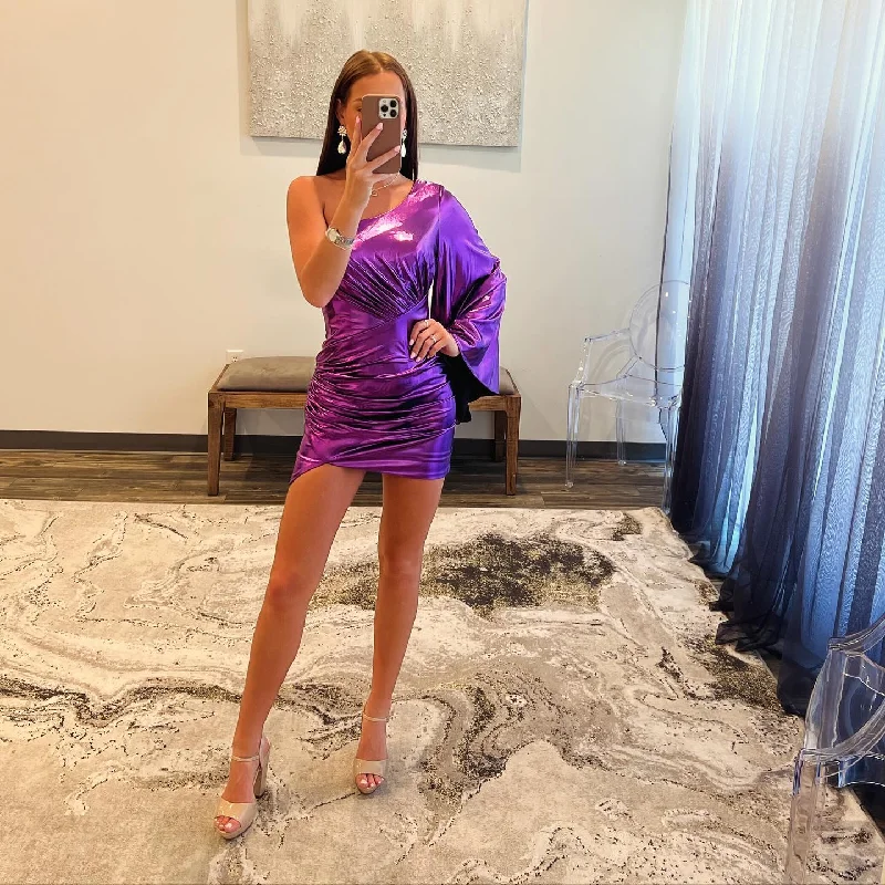 Price Rollback Metallic Purple One Shoulder Mini Dress with Puff Sleeve