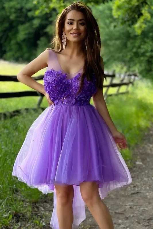 Exclusive Preview Hi-Low Illusion Neck Purple Short Homecoming Dress with Flowers