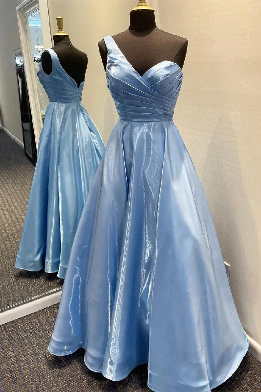 Unmissable Offer One Shoulder Sky Blue Long Prom Dress with Pleated Bodice