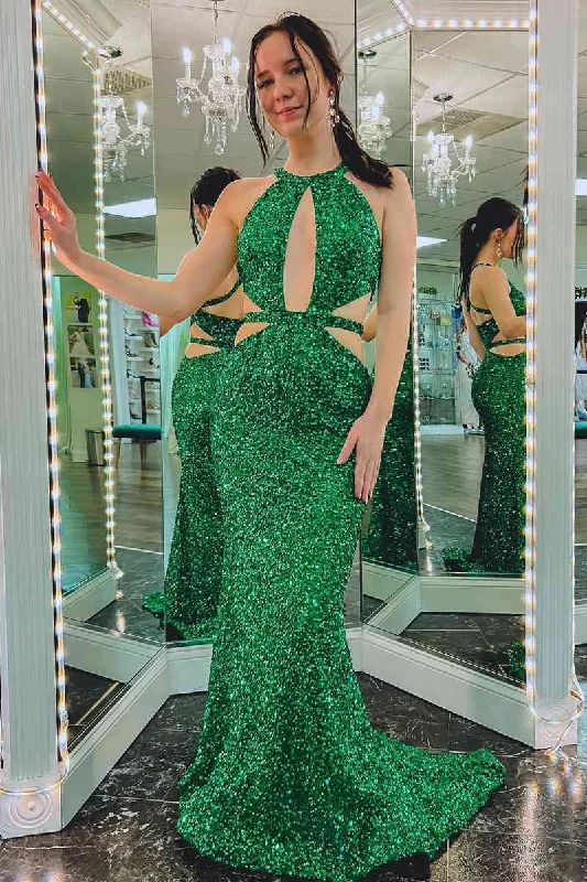 Today’s Deal Side Cut-Out Green Sequins Mermaid Long Prom Dress