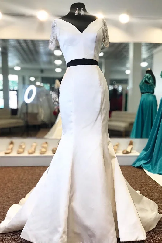 Bargain Prices Two Piece Mermaid White Long Prom Dress with Short Sequin Sleeves