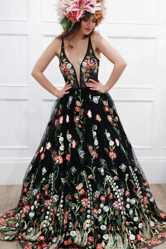 Today’s Deal Gorgeous Black Floral Embroidered Prom Dress
