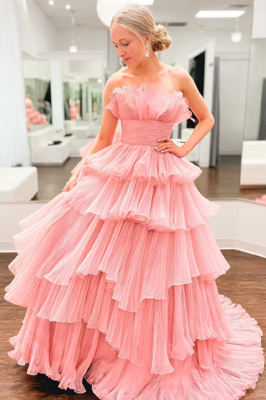 Overstock A-line Off-the-Shoulder Pink Ruffle Layers Tulle Long Prom Dress