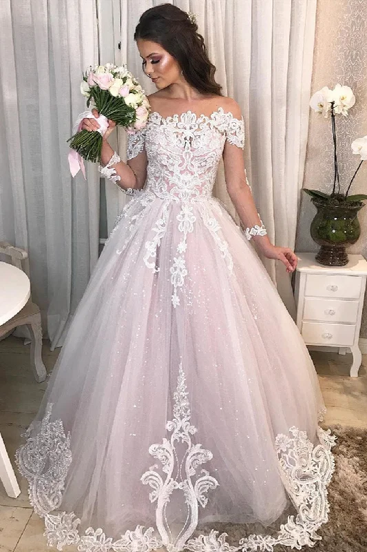 Special Promotion Princess Illusion Neck A-line Pink Wedding Dress with Lace