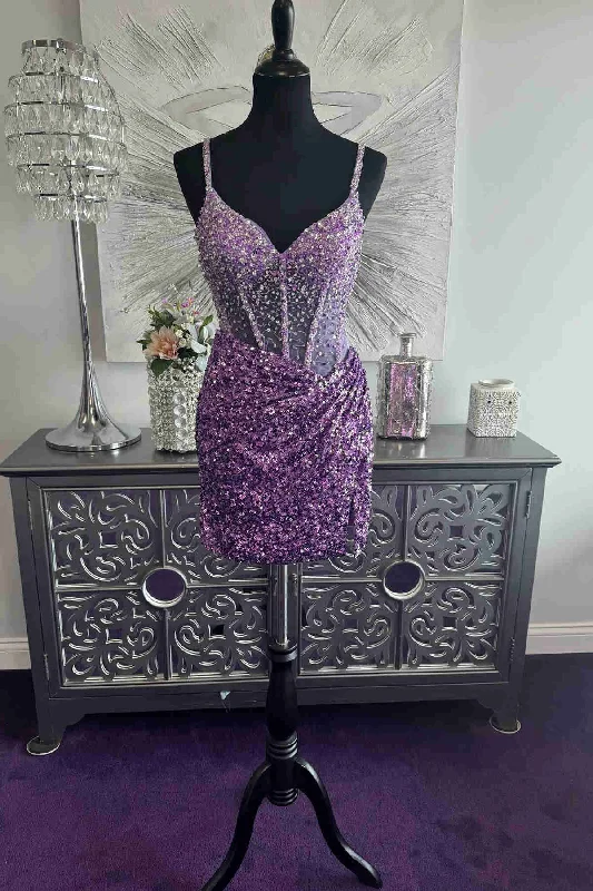Markdowns Fitted Purple Straps Beaded Sequin Mini Homecoming Dress
