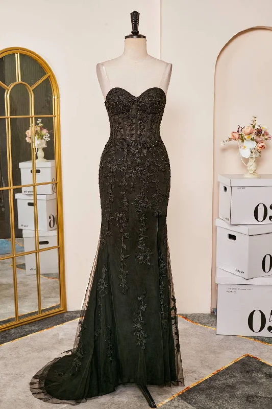 Deal Mania Mermaid Sweetheart Black Appliques Slit Long Prom Dress