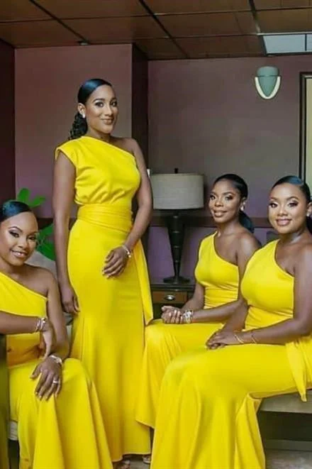 Flash Sale Mermaid One Shoulder Long Yellow Bridesmaid Dress with Sash