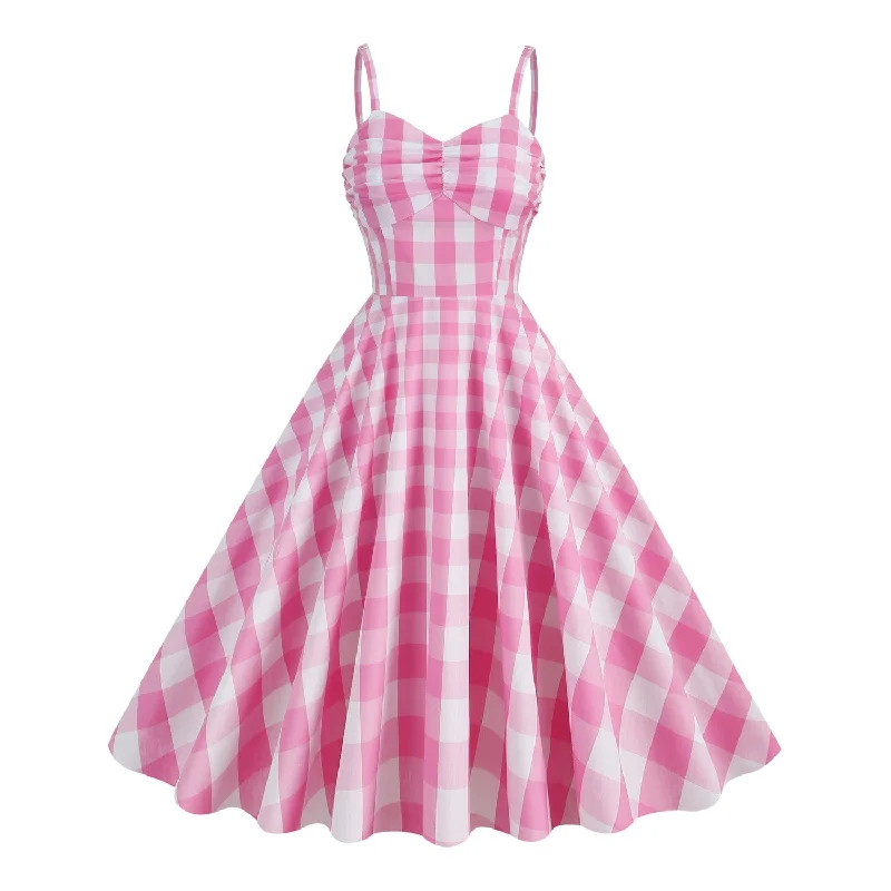 Savings Alert Straps Pink Plaid A-Line Vintage Party Dress