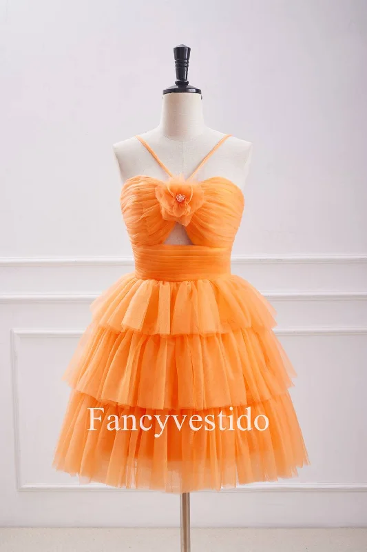 Crazy Deals Straps Orange Keyhole Rosette A-Line Ruffle Homecoming Dress
