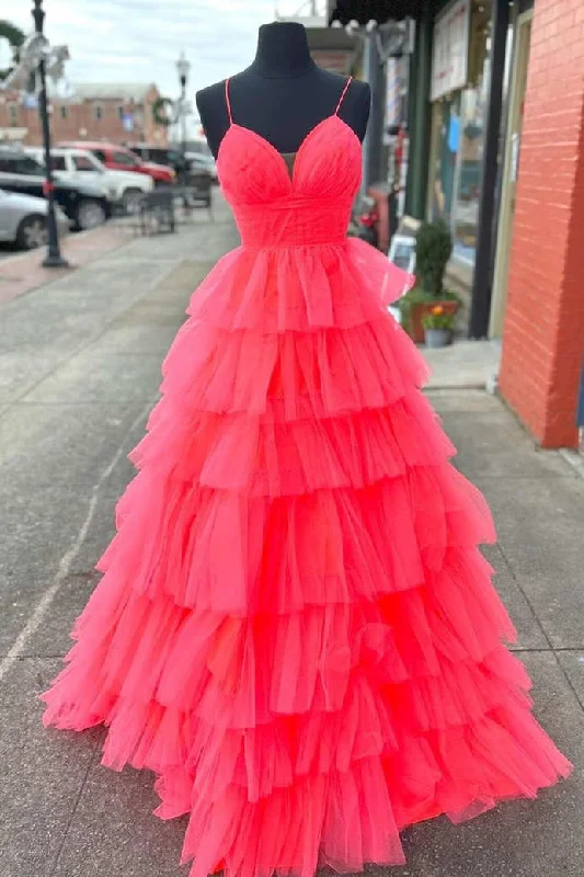 Year-End Sale Candy Pink V-Neck Tulle Tiered Long Prom Dress