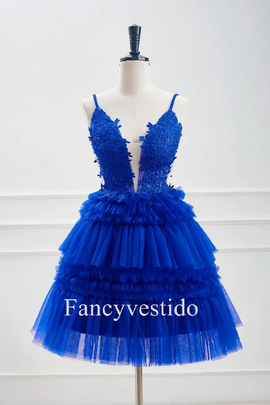 Special Discount Plunging Neck Royal Blue Beaded Ruffle Tulle Homecoming Dress