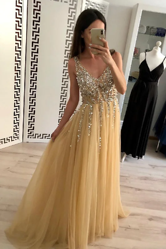Online Specials Straps Beading Long Tulle Gold Prom Dress with Open Back