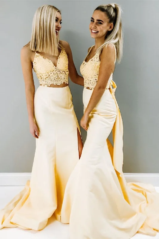 Year-End Sale Two Piece Mermaid Yellow Prom Dress with Slit