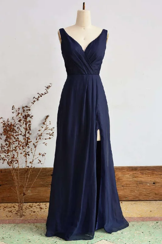 Bargain Prices Elegant Navy Blue Chiffon Bridesmaid Dress with Slit