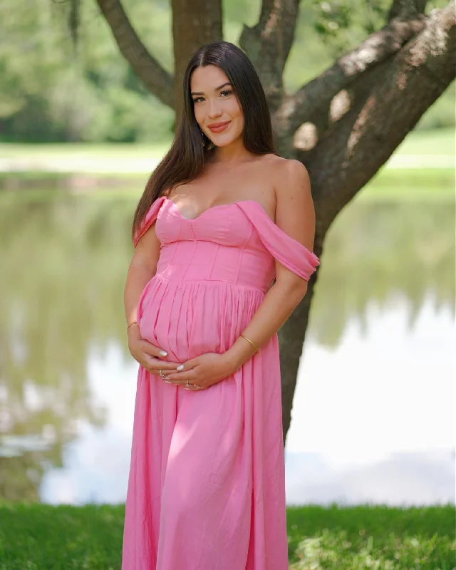 Super Savings Off the Shoulder Pink Floor Length Pregnant Bridesmaid Dress