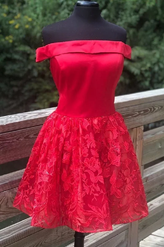 Fantastic Deals Slash Neck Red Lace Bottom Homecoming Dress