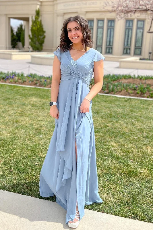 Online Specials Dusty Blue V-Neck Pleated Chiffon Bridesmaid Dress