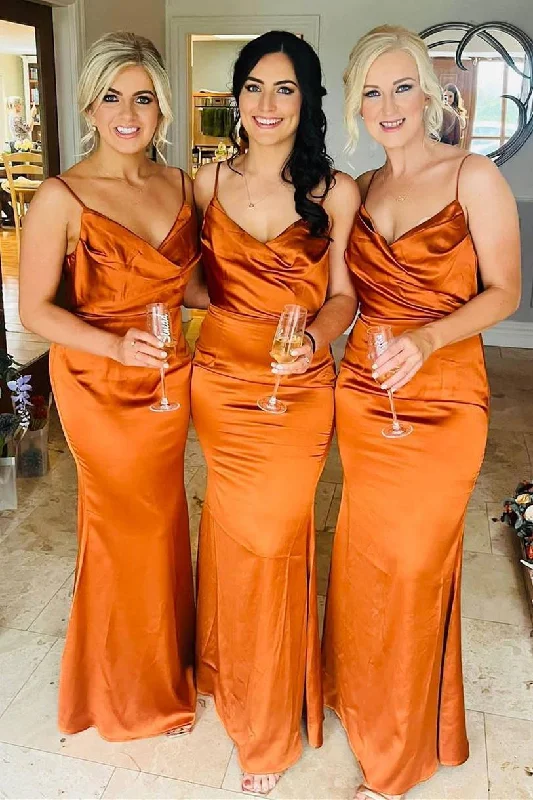 Super Deal Cowl Neck Straps Pumpkin Mermaid Bridesmaid Dress