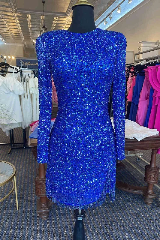 Year-End Clearance Royal Blue Long Sleeve Bodycon Homecoming Dress with Fringe