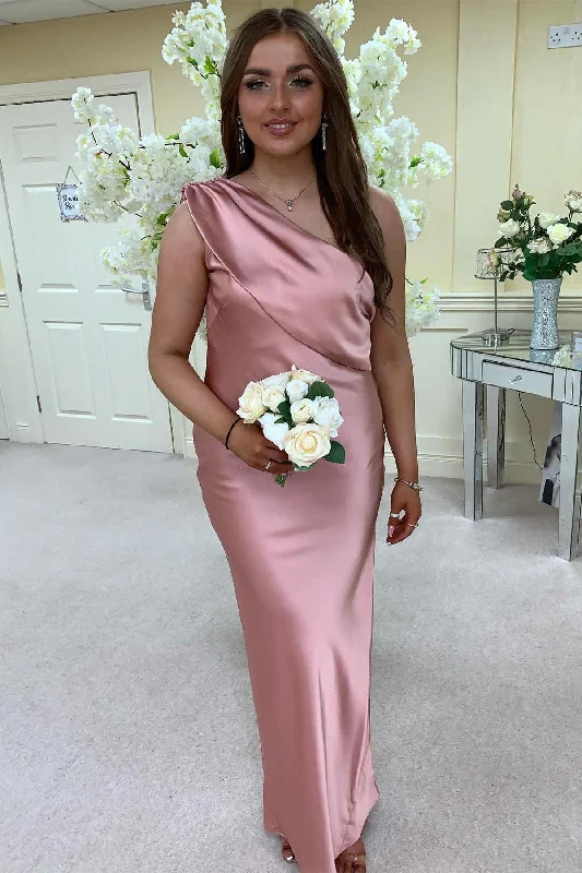 New Arrival One Shoulder Blush Pink Long Bridesmaid Dress