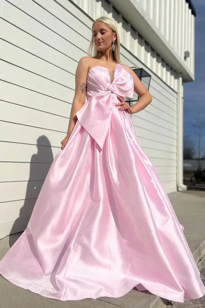 Year-End Clearance Pink Strapless A-Line Long Prom Dress with Bow