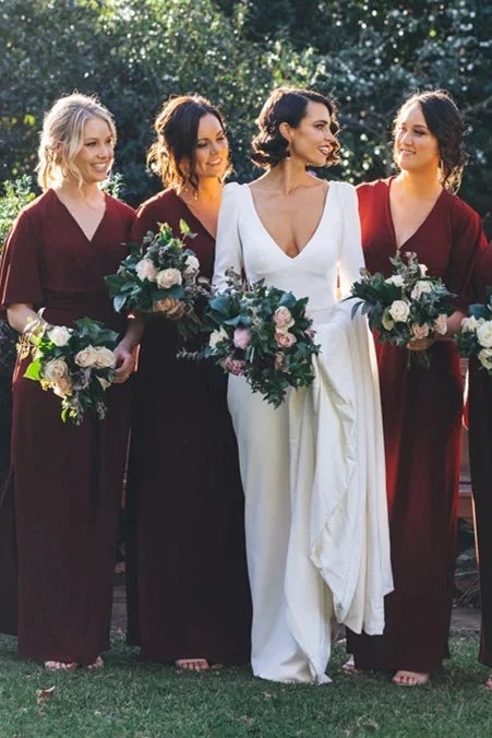 Weekend Special Elegant Long Half Sleeves A-line Burgundy Bridesmaid Dress with Slit