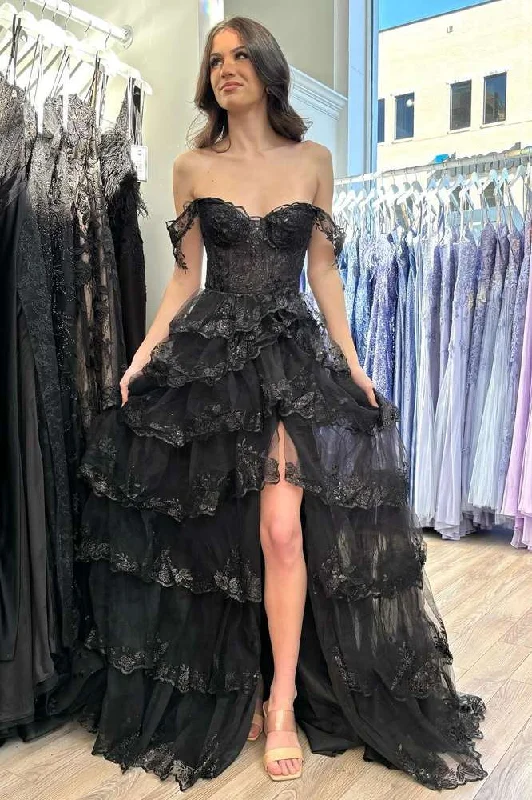 Super Bargain Black Off the Shoulder Lace Applique High Slit Tiered Prom Dress