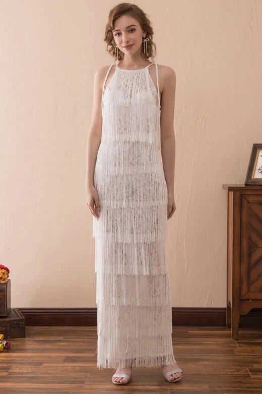 Shop and Save Ivory Boho Long Bridesmaid Dress with Tassel