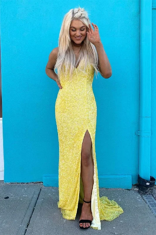 Special Price Mermaid V-Neck Yellow Sequined Prom Dress