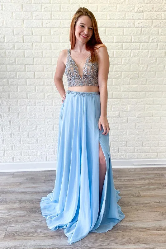 Closeout Two Piece V Neck Beaded Sky Blue Prom Dress with Slit