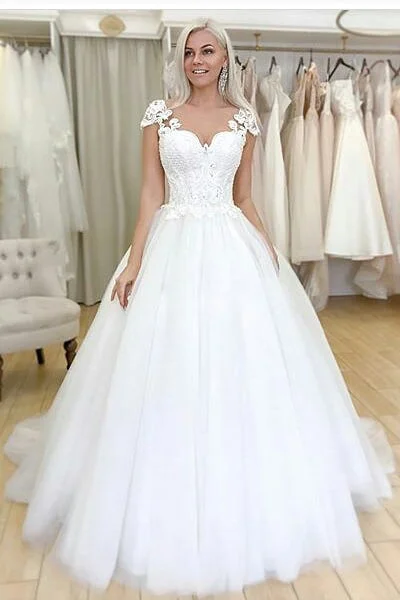 Hurry In Princess Long Cap Sleeves A-line White Wedding Dress with Lace