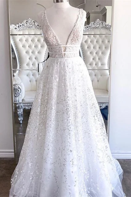 Bargain Prices Elegant Deep V-Neck White Long Prom Dress with Appliques