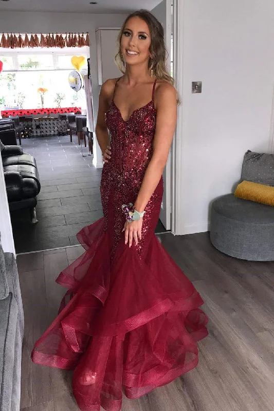 Final Markdown Gorgeous V Neck Mermaid Burgundy Tulle Beaded Long Prom Dress with Ruffles