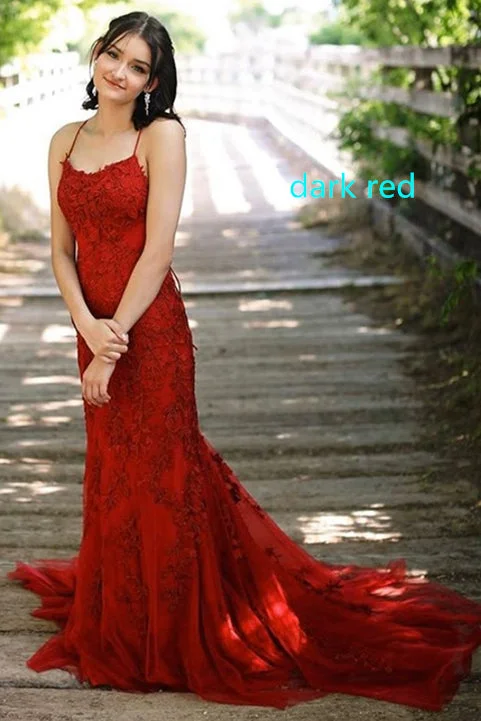 The Best Prices Mermaid Straps Long Dark Red Lace Prom Dress with Lace-Up