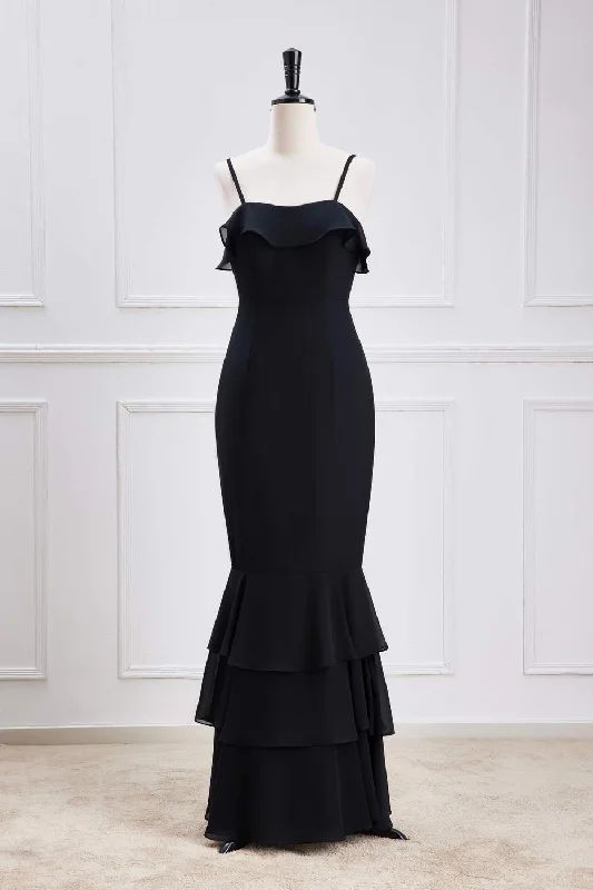 Today's Special Black Straps Ruffle Multi-Layer Chiffon Maxi Dress