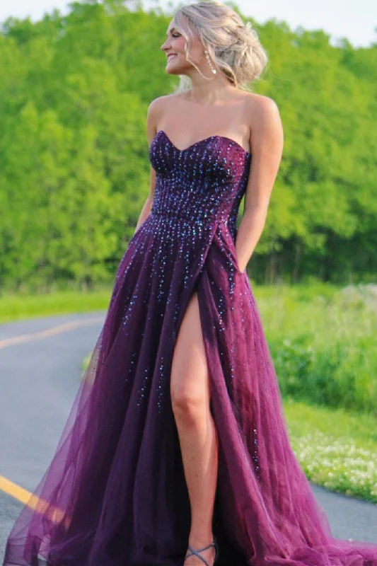 Price Meltdown Sweetheart A-line Plum Long Prom Dress with Slit