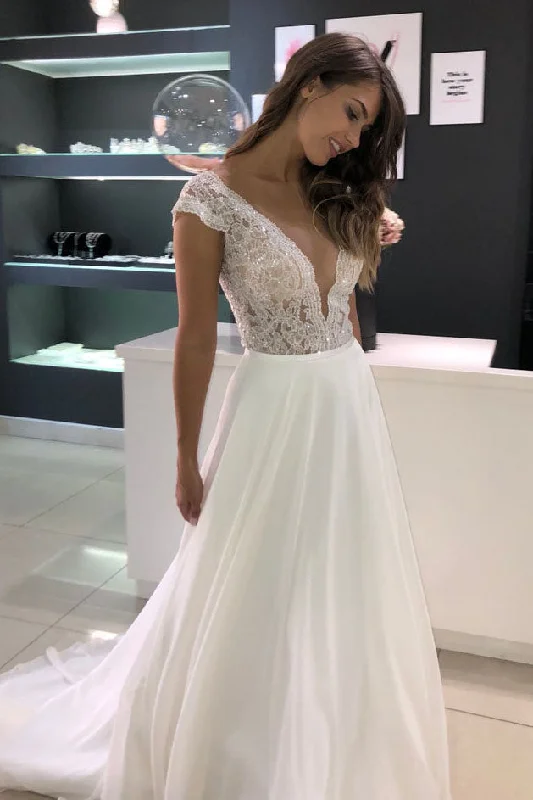 Bargain Bin Princess A-line Long Deep V-Neck White Chiffon Wedding Dress