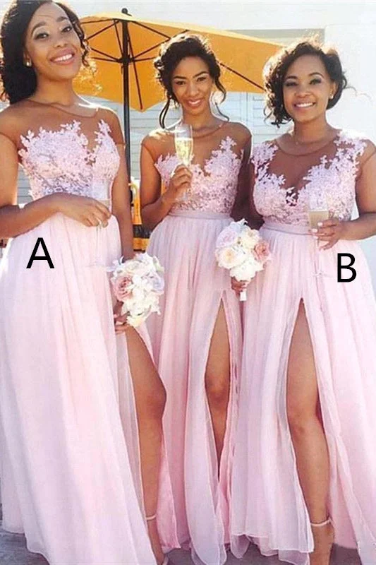New Arrival A-line Illusion Neck Long Pink Bridesmaid Dress with Appliques