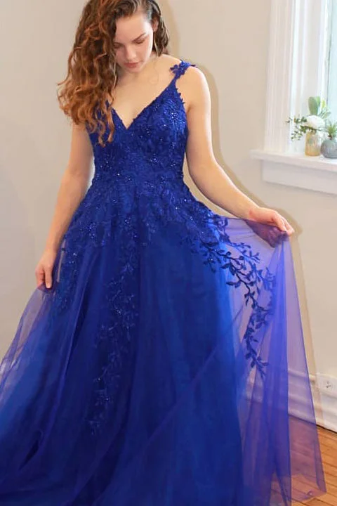 Buy More, Save More Princess V Neck Dark Blue Long Prom Dress with Lace Appliques