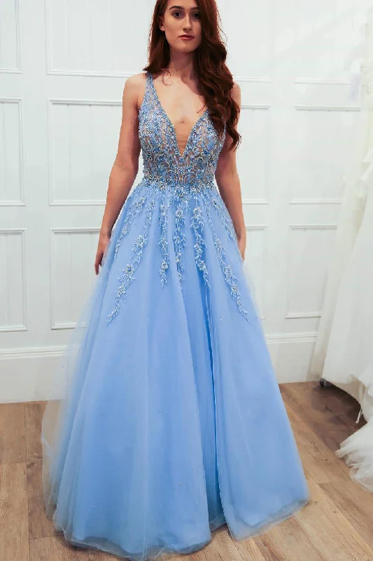 Best Bargains Elegant Ball Gown Illusion V Neck Sky Blue Long Prom Dress