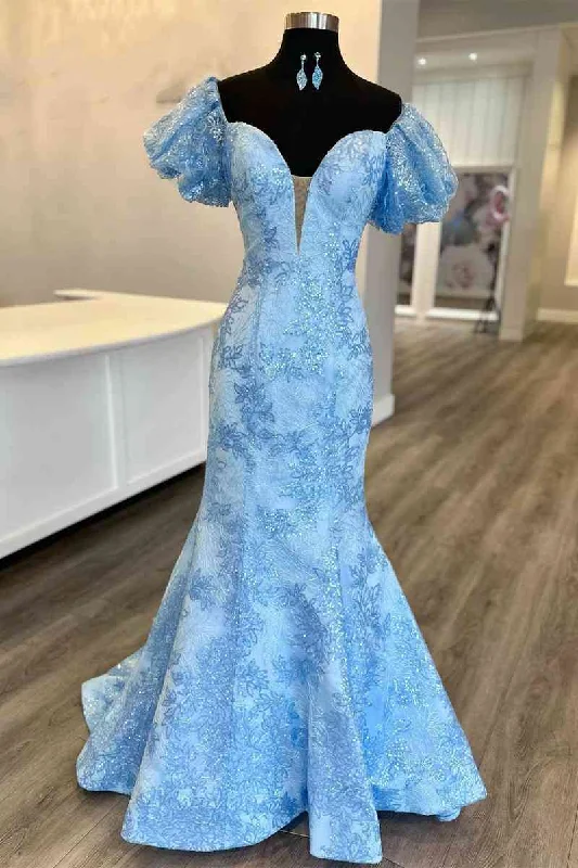 Warehouse Sale Long Light Blue Puff Sleeves Mermaid Prom Dress with Sequins