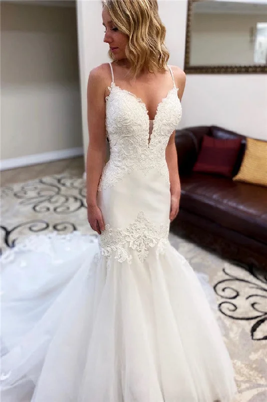 Steals and Deals Spaghetti Strap Mermaid Long White Wedding Dress with Lace