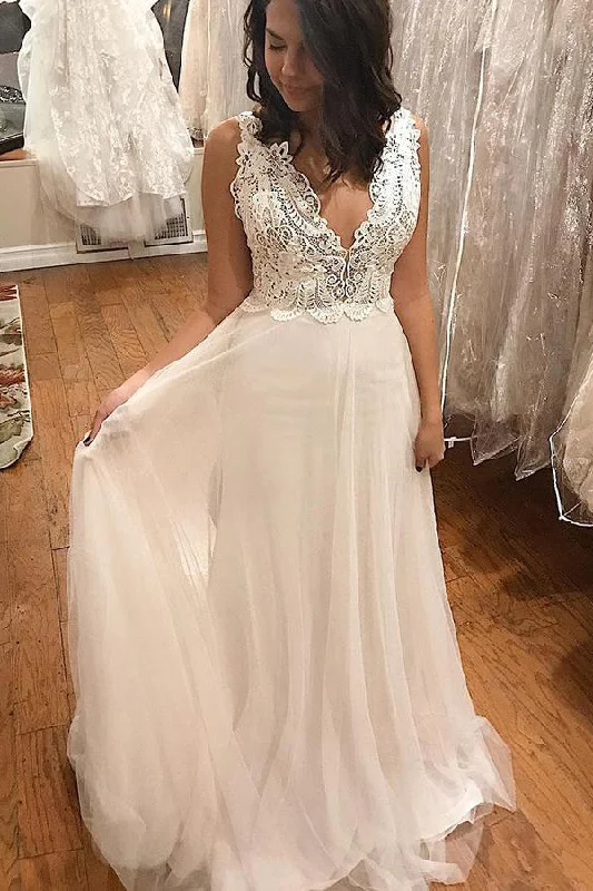 Hurry In Boho Long V-Neck A-line Ivory Wedding Dress with Lace