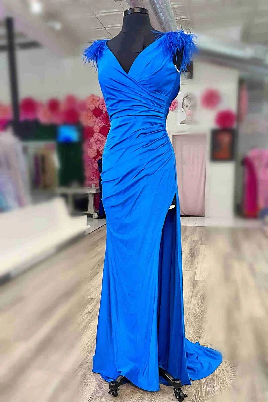 Epic Deals Feather Shoulder Blue Pleated Long Formal Dress